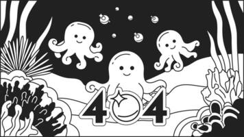 Octopuses underwater bubbles black white error 404 flash message vector