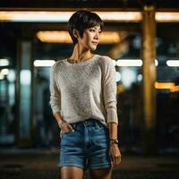 photo of beautiful japanese asian woman with short hair, generative AI