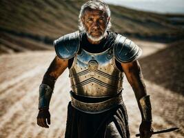 photo of strong ancient senior male warrior with roman armor stained, generative AI