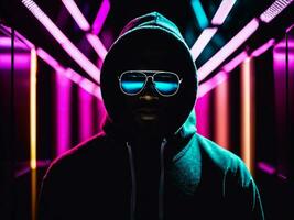 photo of black man in black hoodie in server data center room with neon light, generative AI