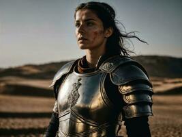 foto de fuerte antiguo joven hembra guerrero con romano armadura manchado, generativo ai