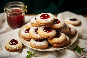 Freshly baked cookies with jam sprinkled by sugar coat for christmas. AI Generated. photo