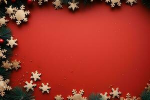 Frame made of Christmas decorations on background, top view with space for text. Winter season. AI Generated photo