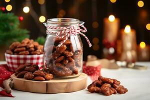 Candied caramel roasted nut for christmas for display. AI Generated. photo