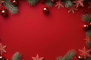 Frame made of Christmas decorations on background, top view with space for text. Winter season. AI Generated photo
