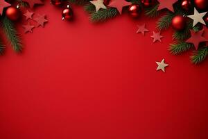 Frame made of Christmas decorations on background, top view with space for text. Winter season. AI Generated photo