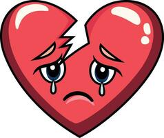 Sad broken heart cartoon vector illustration, Broken heart with tears cartoon, colored and black and white stock vector image