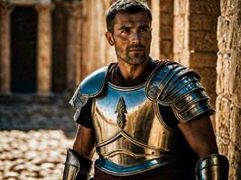 photo of strong ancient male warrior with roman armor stained, generative AI