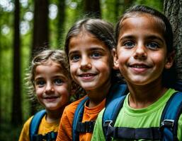 foto grupo de niños como un mochilero en el oscuro madera, generativo ai