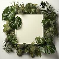 Empty white frame surrounded with green tropical monstera leaves, created with generative AI photo