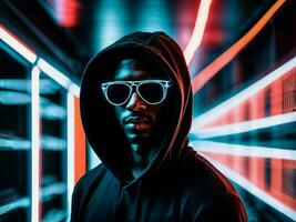 photo of black man in black hoodie in server data center room with neon light, generative AI