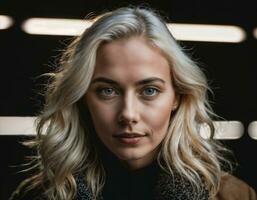 photo of close up beautiful european woman with blonde hair color in black background, generative AI