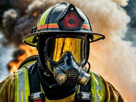 photo of firefighter with big fire cloud and smoke in background, generative AI