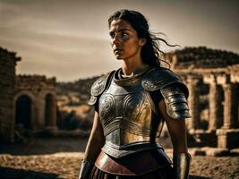 foto de fuerte antiguo joven hembra guerrero con romano armadura manchado, generativo ai