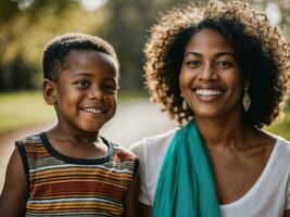 foto de contento familia negro madre y hijo, generativo ai