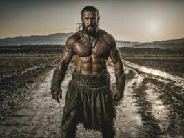 photo of ancient barbarian male warrior stained , generative AI