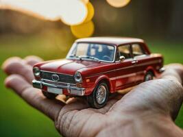 photo of close up hand holding mini car, generative AI