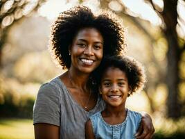 photo of happy family black mother and daughter, generative AI