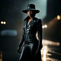 photo of strong african woman with black leather suit in heavy rain night, generative AI