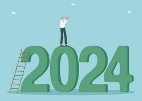 estratégico planificación de comportamiento en el nuevo 2024, ajuste negocio metas a lograr alturas, visión para futuro desarrollo de negocio o carrera en 2024, hombre soportes a 2024 y mira mediante prismáticos. vector