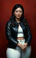 photo of asian woman in jacket outfit with colorful light in background, generative AI