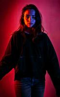 photo of beautiful woman with red and pink lighting and backdrop , generative AI