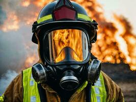 foto de bombero con grande fuego nube y fumar en fondo, generativo ai