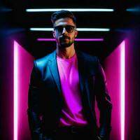 photo of handsome man with with mixed pink and blue neon light, generative AI