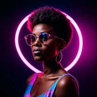 photo of beautiful african woman with with mixed pink and blue neon light, generative AI