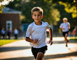 foto de chico niños corriendo carrera deporte a escuela, generativo ai