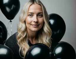 photo of beautiful european woman with blonde hair color in black and white balloons in background, generative AI