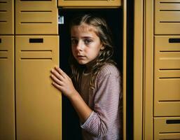 foto de de miedo niña niño en armario habitación, generativo ai