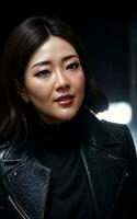 photo of asian woman in jacket outfit with colorful light in background, generative AI