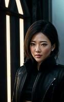 photo of asian woman in jacket outfit with colorful light in background, generative AI