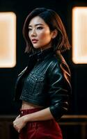 photo of asian woman in jacket outfit with colorful light in background, generative AI