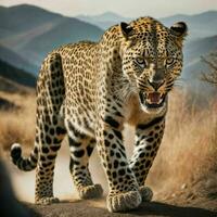 photo of big leopard running in the forest, generative AI