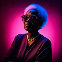 photo of middle aged old African woman with with mixed pink and blue neon light, generative AI