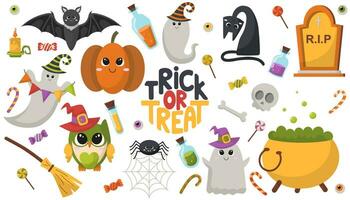 Fun halloween set of elements for kids. Happy Halloween stickers and illustrations. Ghosts, cat,  bat, pumpkin, candy, owl, spider, monument, scull, bone, cauldron, flasks with potion, eyes, broom. vector