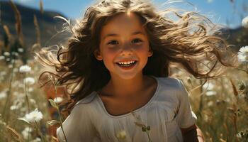 sonriente verano chica, despreocupado y juguetón, disfrutando naturaleza belleza generado por ai foto