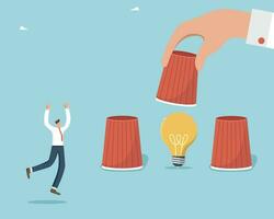 Creativity and intelligence to create new ideas, thought process and logic to introduce innovations, new opportunities and knowledge for success and development, man guessed under which cup light bulb vector