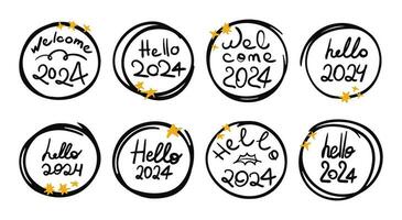 Hello 2024 doodle sticker set vector illustration