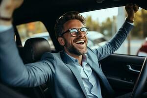 Attractive elegant happy man in good car. AI Generated photo