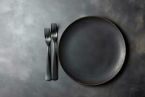 An empty black plate with cutlery on a dark concrete back. AI Generated photo