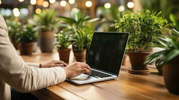 Young man using laptop computer with blank empty mockup screen. Business man working at home. Freelance, student lifestyle, e-learning. AI Generated photo