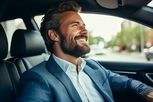 Attractive elegant happy man in good car. AI Generated photo