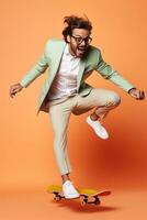 Young handsome funny man with glasses, brown hair and beard, wearing light grey suit and sneakers, jumping with the skateboard on color studio background. AI Generated photo