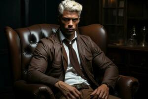 dark-skinned handsome guy with white hair and blue eyes standing on a dark background with a serious facial expression in brown clothes . AI Generated photo