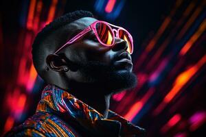 The retro wave or synth wave portrait of a young happy serious African man at studio. AI Generated photo