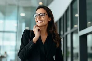 A handsome businesswoman in a suit in office. AI Generated photo