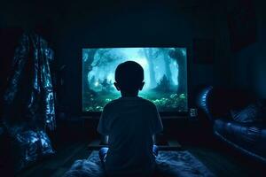 Concept of gaming addiction, featuring back view of a boy sitting in a dark room, lit by the glow of a screen. Capturing immersive nature of excessive gaming and its potential risks. AI Generated photo